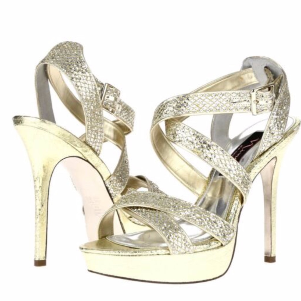 Womens NINA NEW YORK Gold Sparkly Strappy Heels 9
